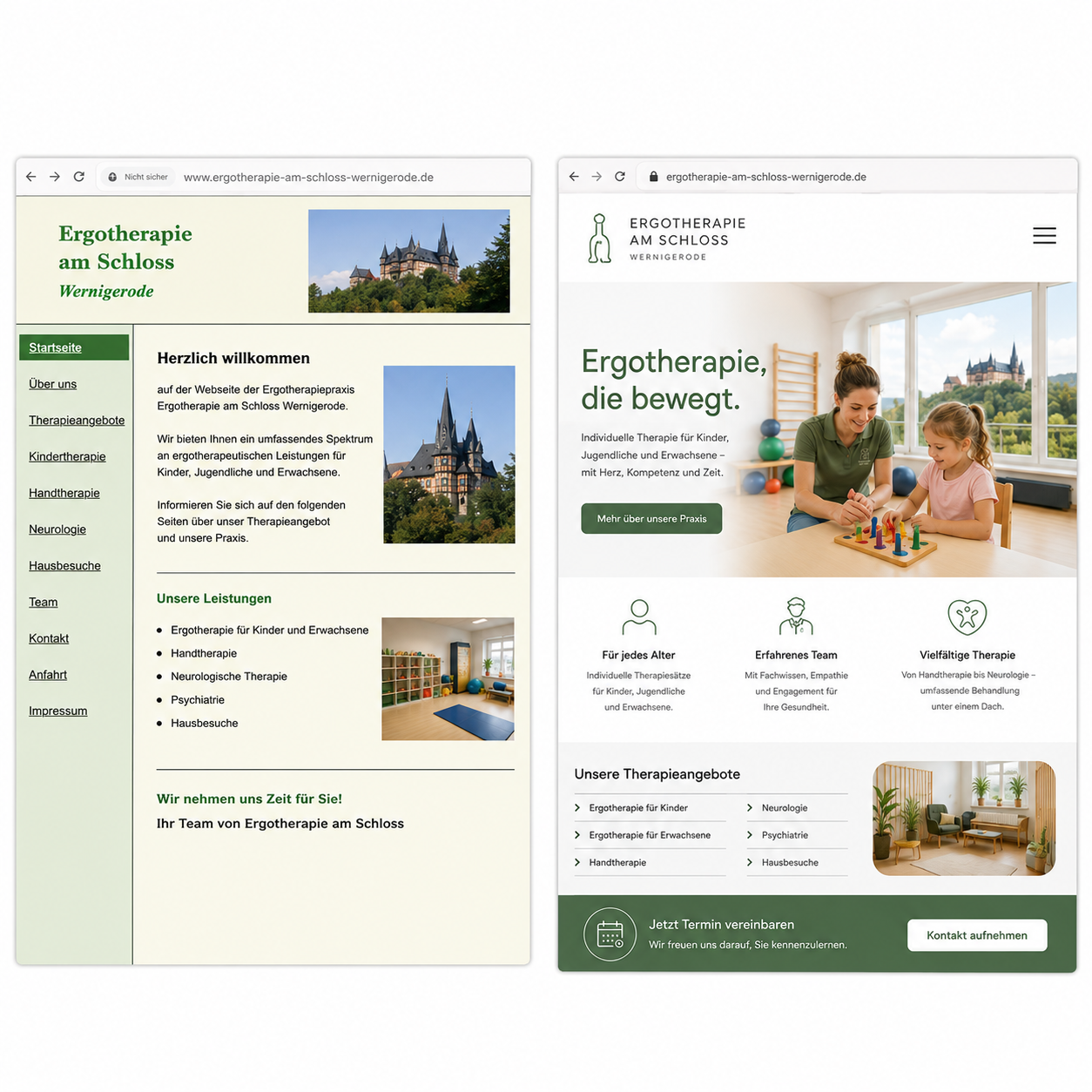 Vorher-Nachher Vergleich einer Ergotherapie-Website